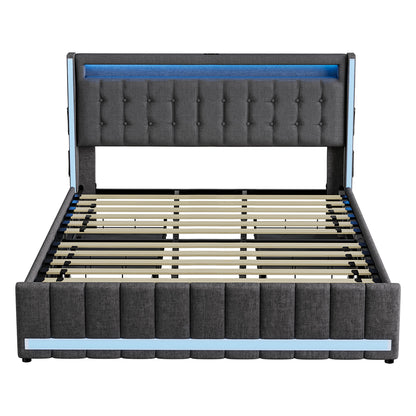 Modern King Bed Frame Fabric Storage Drawer LED USB  Soft Cushion