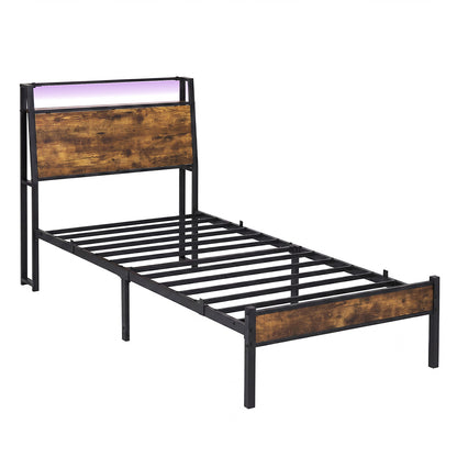 Levede Single Bed Frame LED Lights USB Charging Storage Headboard Metal Platform