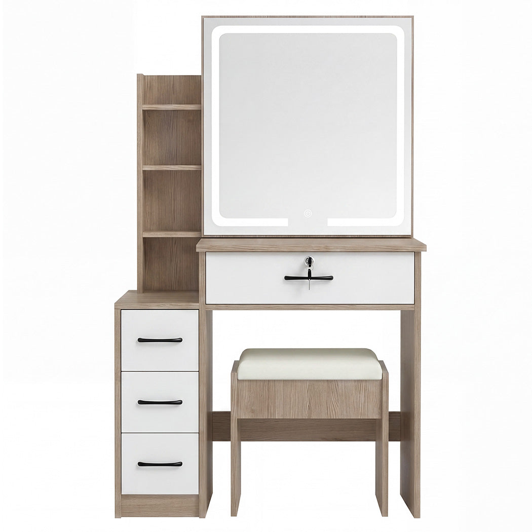 Levede Dressing Table Vanity Stool Set Sliding LED Mirror Makeup Storage Shelves Natural