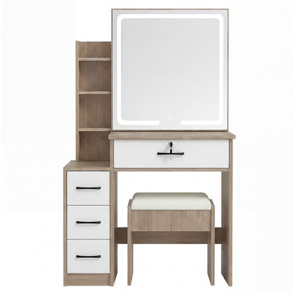 Levede Dressing Table Vanity Stool Set Sliding LED Mirror Makeup Storage Shelves Natural