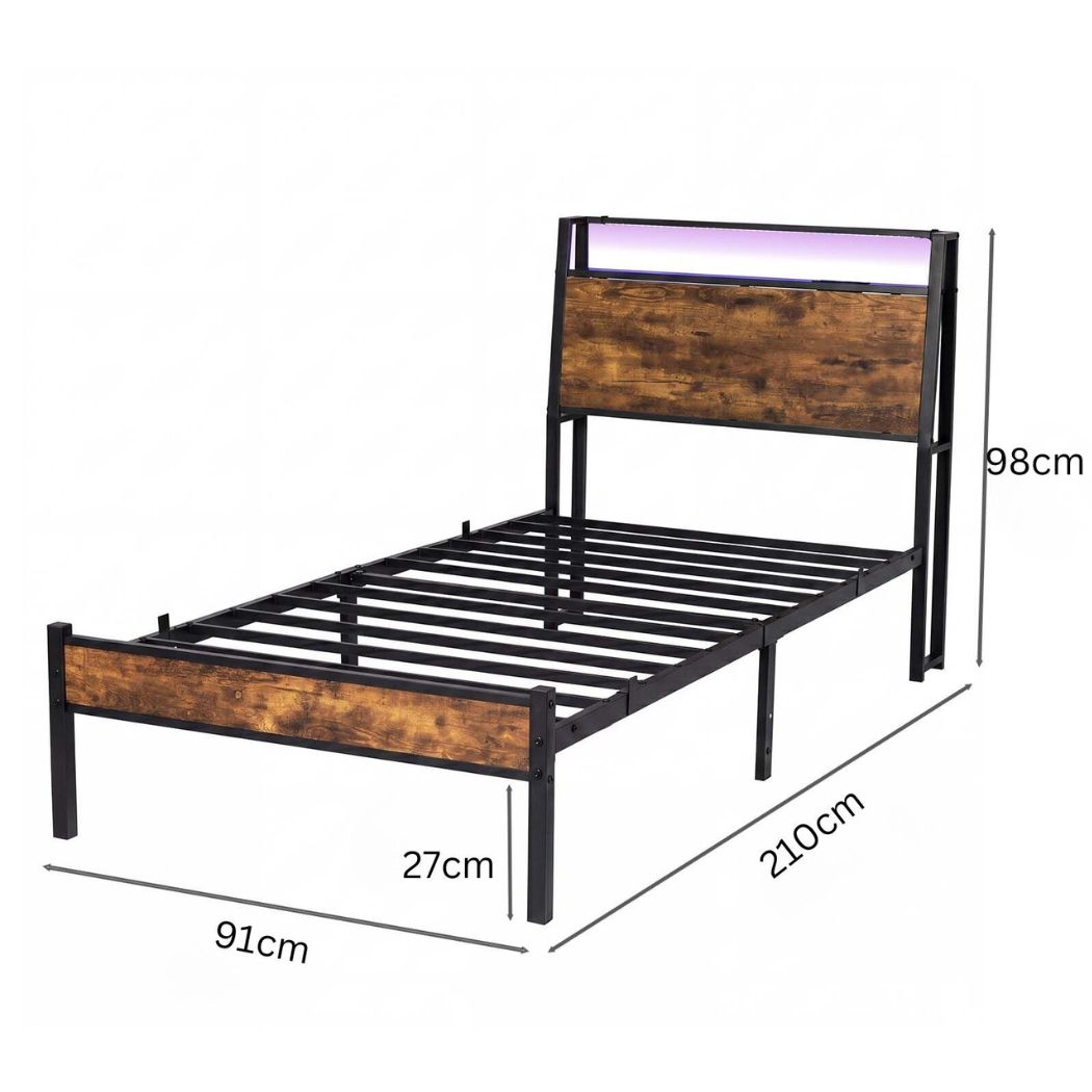 Levede Single Bed Frame LED Lights USB Charging Storage Headboard Metal Platform