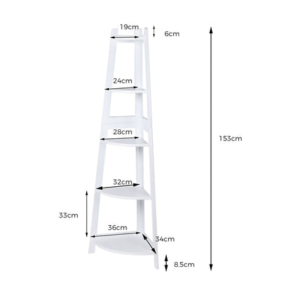 5 Tier Corner Shelf Wooden Storage White