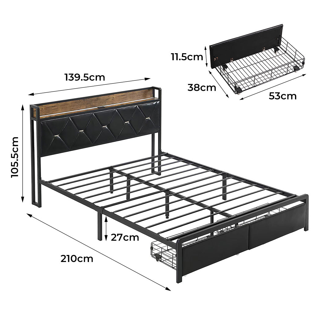 Minimalist Double Metal Bed Frame LED Lights 2 Drawers  Scandi