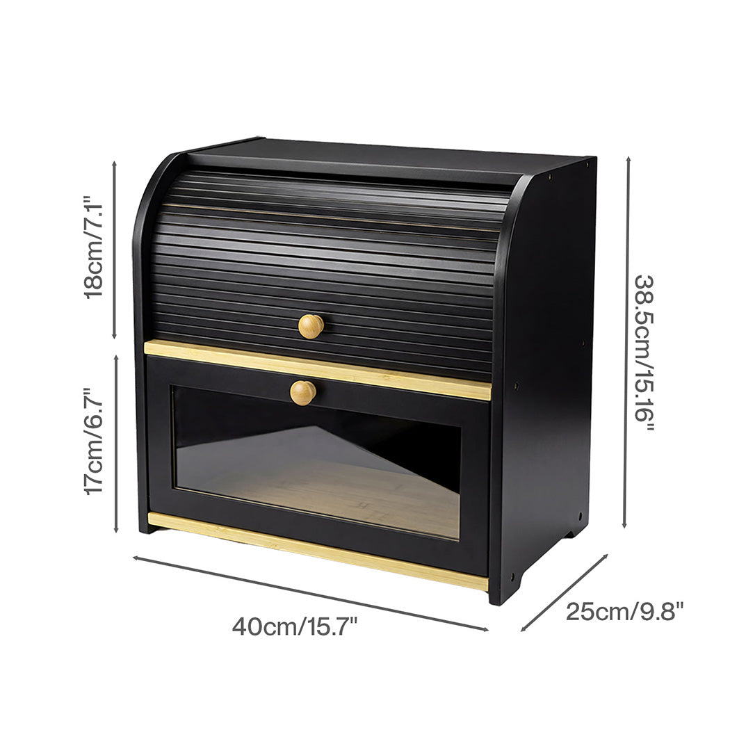 Toque Bread Bin Box 2 Tier Roll Top Bread Bin Kitchen Counter Storage Bamboo
