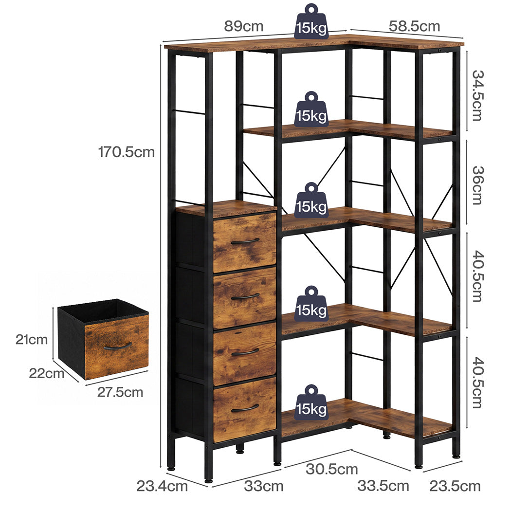 Corner Bookshelf With Fabric Drawers 89x58.5x170.5cm