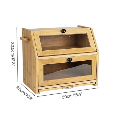 Toque Bread Box Bread Bin Double Layer Bamboo Bread Storage with Window Natural