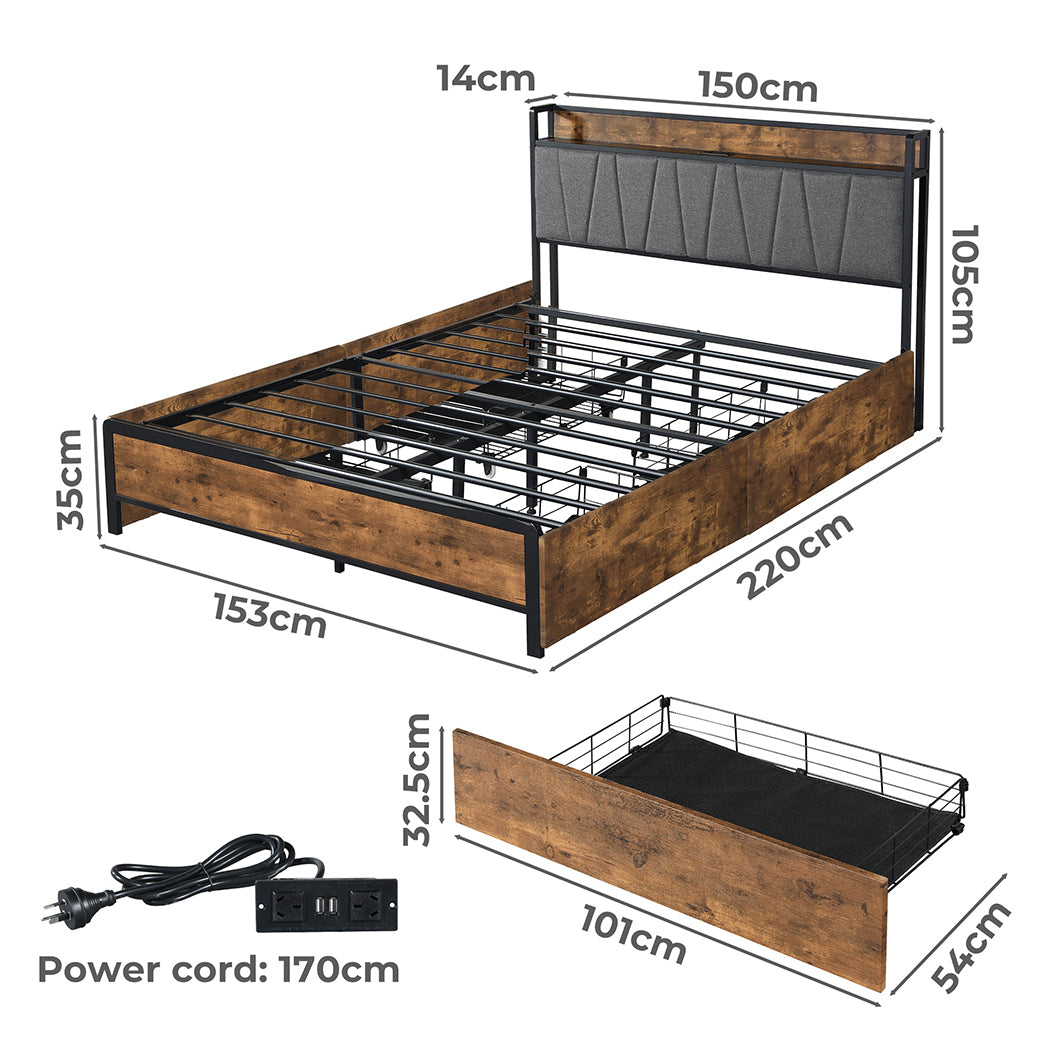 Minimalist Queen Bed Frame Soft Storage Drawers Headboard USB Charge