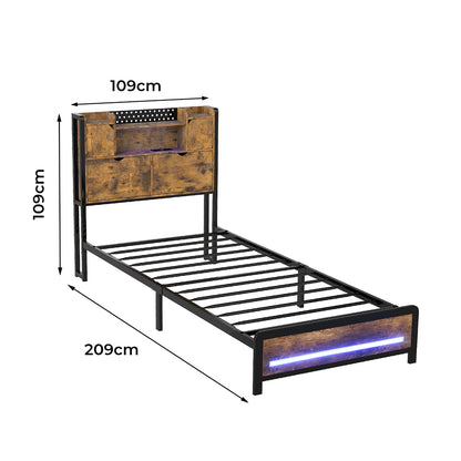 Single Bed Frame Storage Headboard Industrial 209x92x109cm