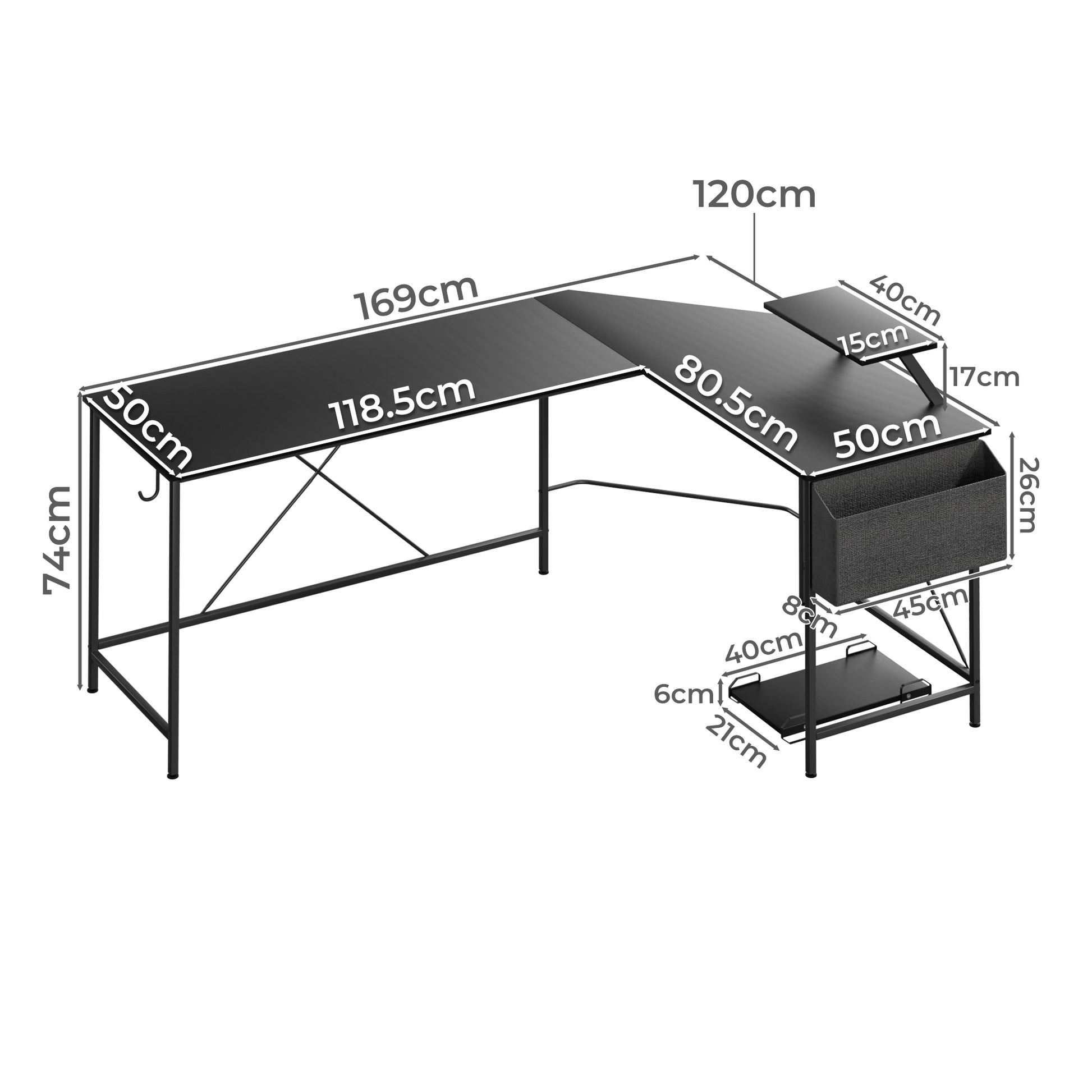 Compact Computer Desk Corner Desk Black  Adjustable Height Classic