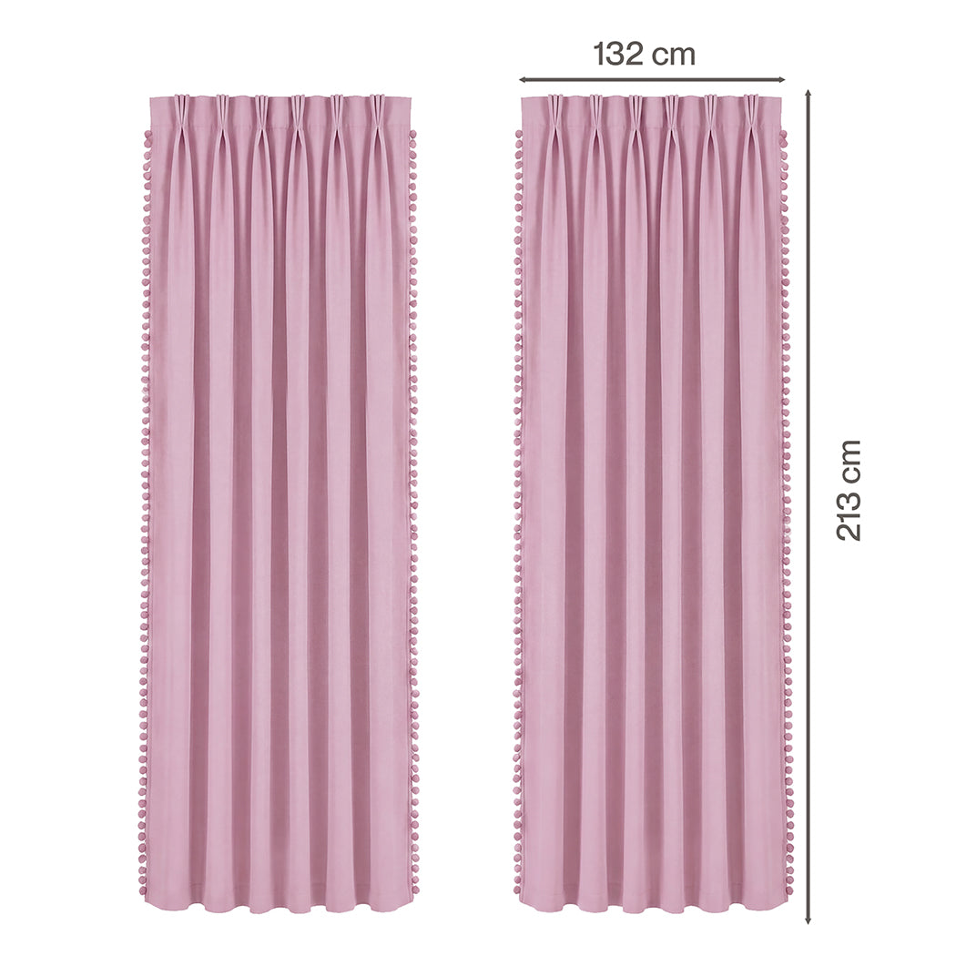 Marlow Blackout Curtains Pink 2 Panels Thermal Insulated Pom Pom 132cm x 213cm