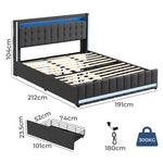 Modern King Bed Frame Fabric Storage Drawer LED USB  Soft Cushion