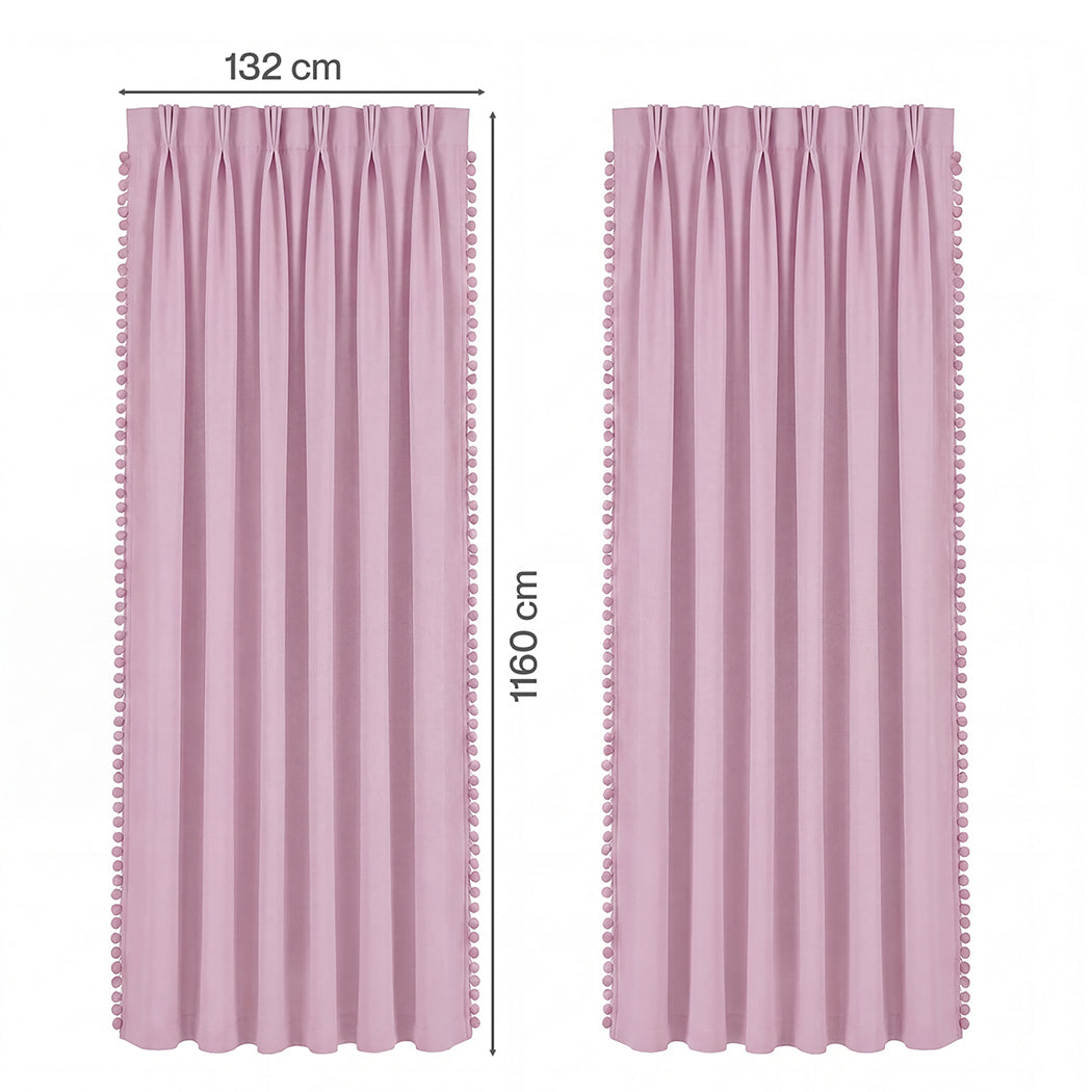 Marlow Blackout Curtains Pink 2 Panels Thermal Insulated Pom Pom 132cm x 160cm