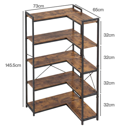 Levede Corner Bookshelf 5 Tier Bookcase L Shape Storage Shelf Display Rack Brown