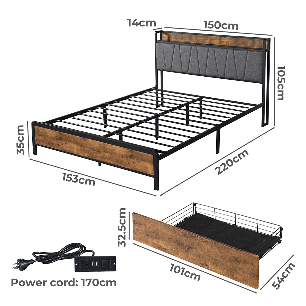 Stylish Queen Bed Frame Tufted Headboard USB Charge  Sleek Modern