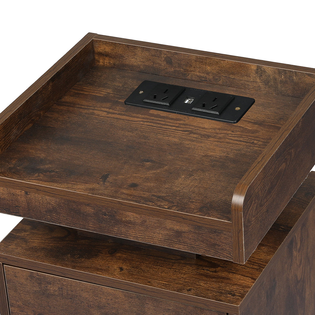Minimalist Bedside Table USB Charger Outlet RGB Oak  Wood Finish