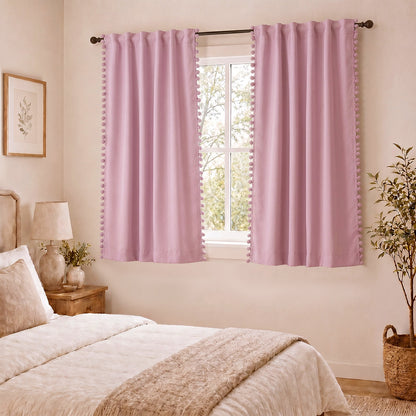 Marlow Blackout Curtains Pink 2 Panels Thermal Insulated Pom Pom 132cm x 160cm