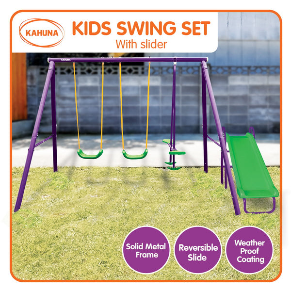  Kids 4-Seater Swing Set with Slide Purple Green