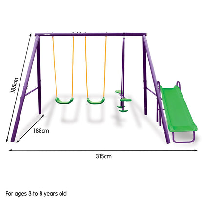 Kids 4-Seater Swing Set with Slide Purple Green