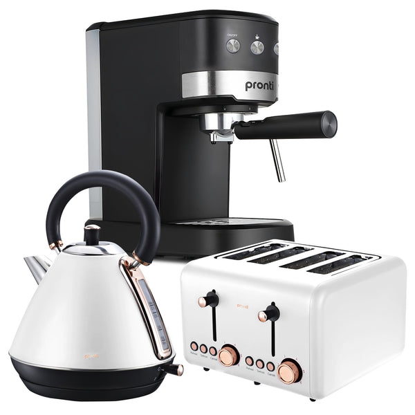  Breakfast Set White with Rose Gold Kettle, Toaster & 1.25L Espresso Machine