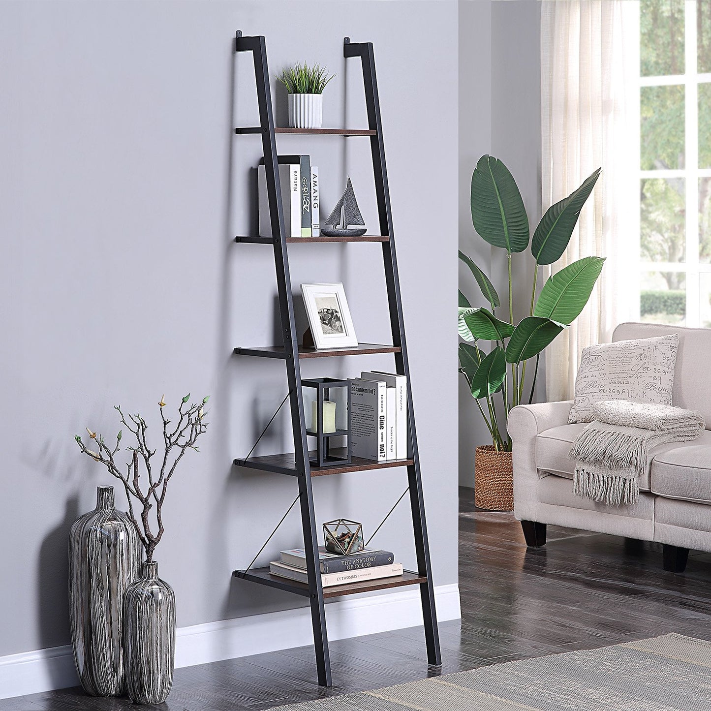  Elegant 5-Tier Ladder Shelf in Walnut