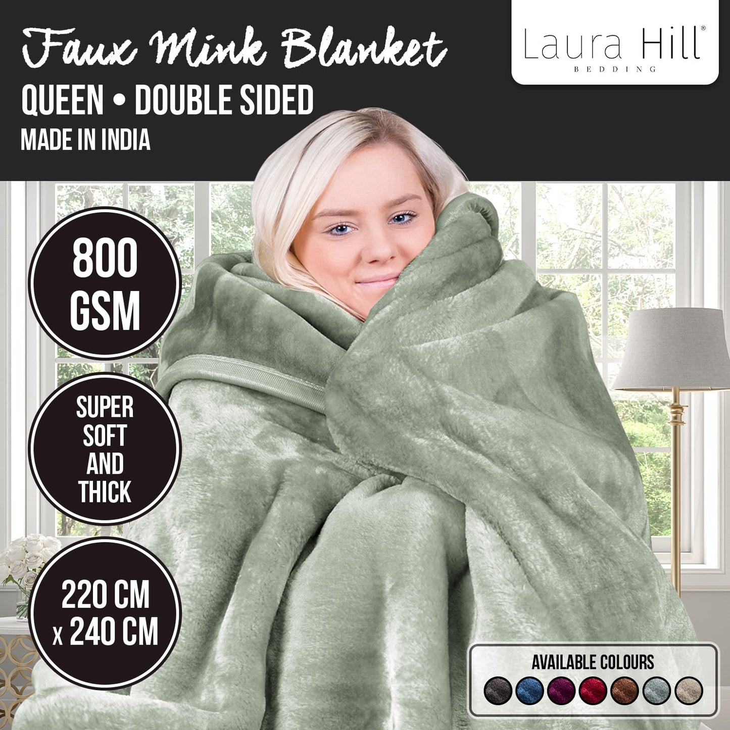 Hill 800-GSM Mink Blanket Queen Double-Sided Soft Plush Faux Throw Sage