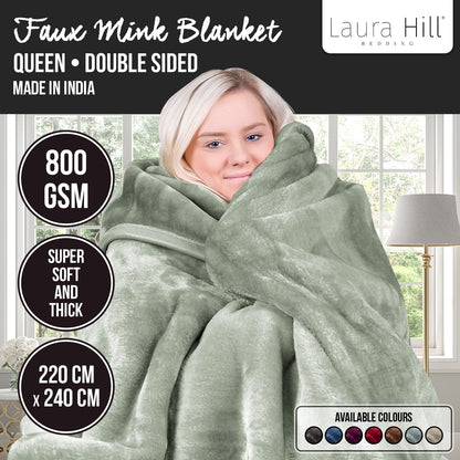 Hill 800-GSM Mink Blanket Queen Double-Sided Soft Plush Faux Throw Sage