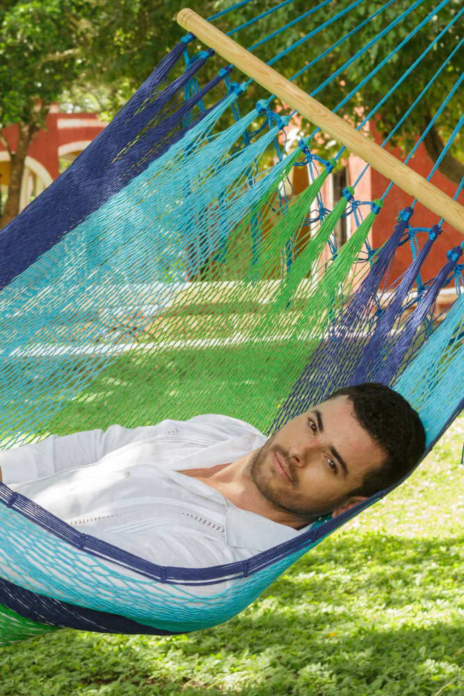 Queen Size Outdoor Cotton Mexican Resort Hammock No Fringe in Oceanica Colour