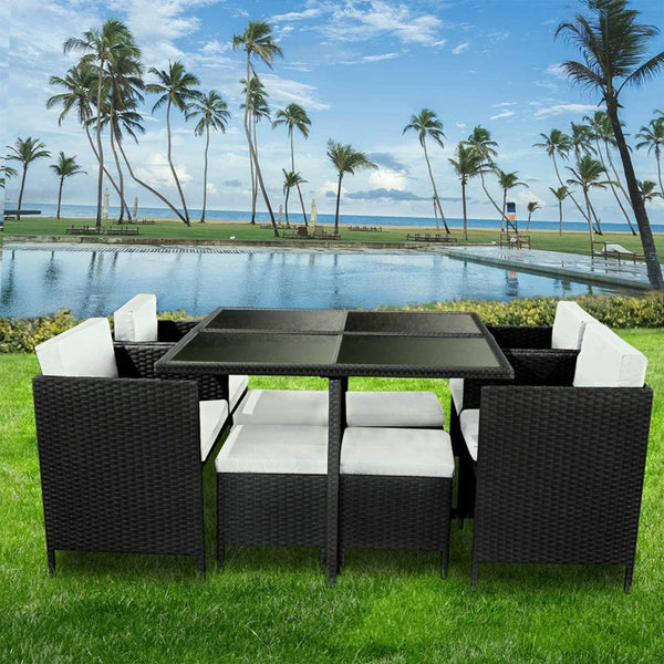  9 Piece PE Rattan Garden Patio Outdoor Dining Set Black