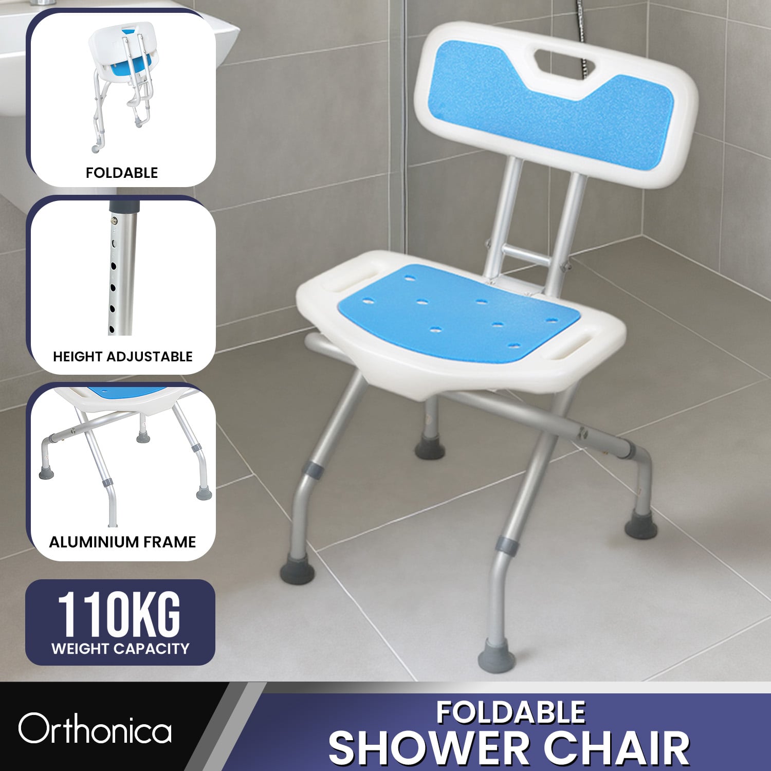 Compact Foldable Commode Shower Chair Height-Adjustable Aluminium Non-Slip