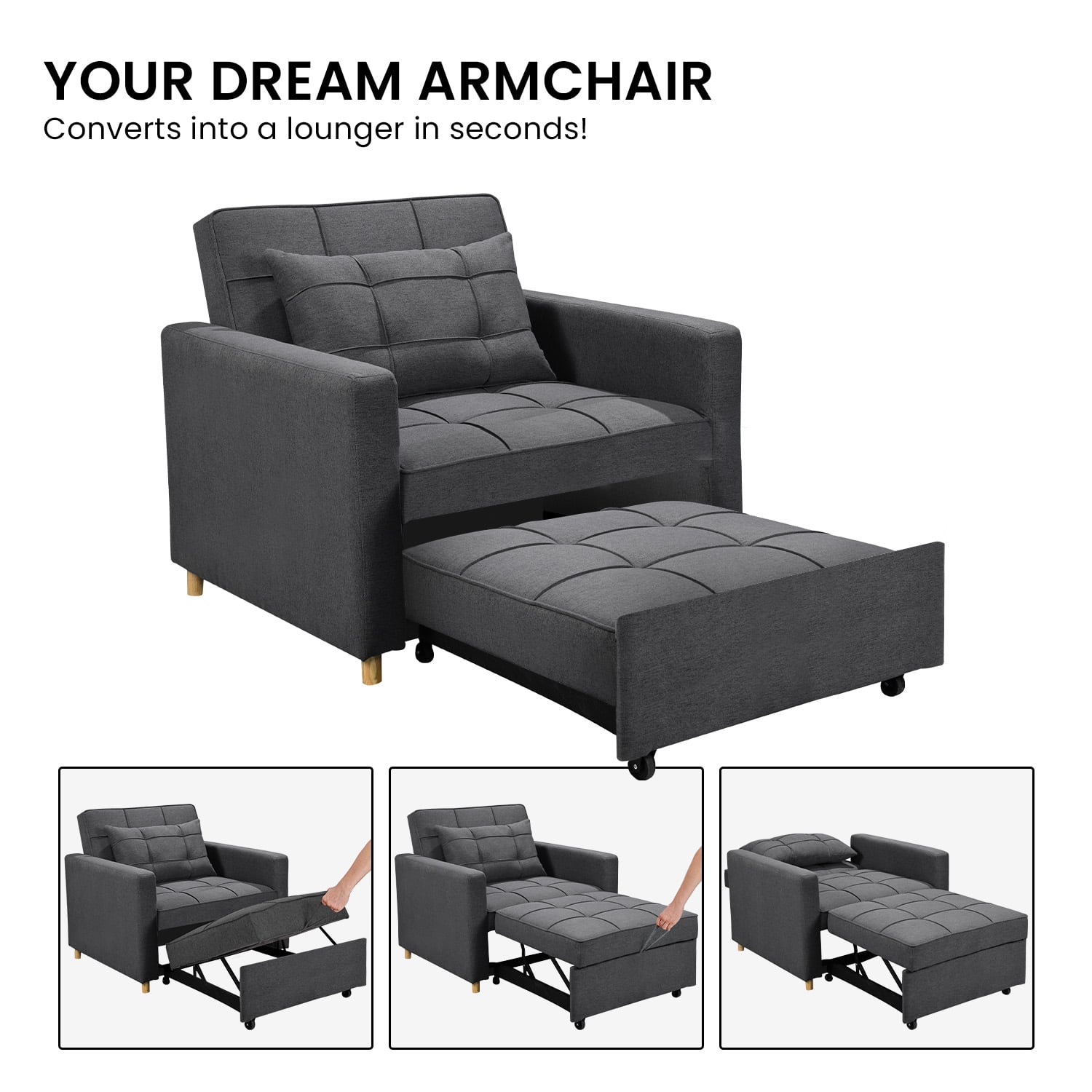 3-in-1 Convertible Lounge Chair Bed Sarantino Dark Grey Multifunctional