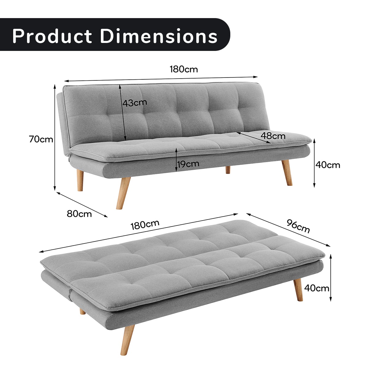 Grey 3 Seater Sofa Bed Lounge 180x80x70cm