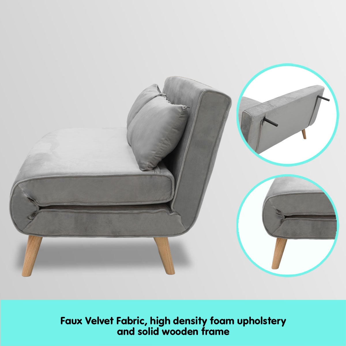 Grey Velvet Sofa Bed 121x80x75cm