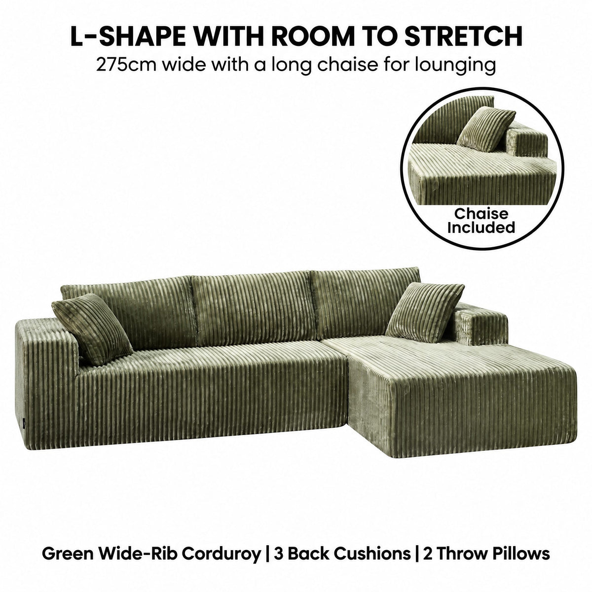 Corner Sofa Green Chaise 1x3cm