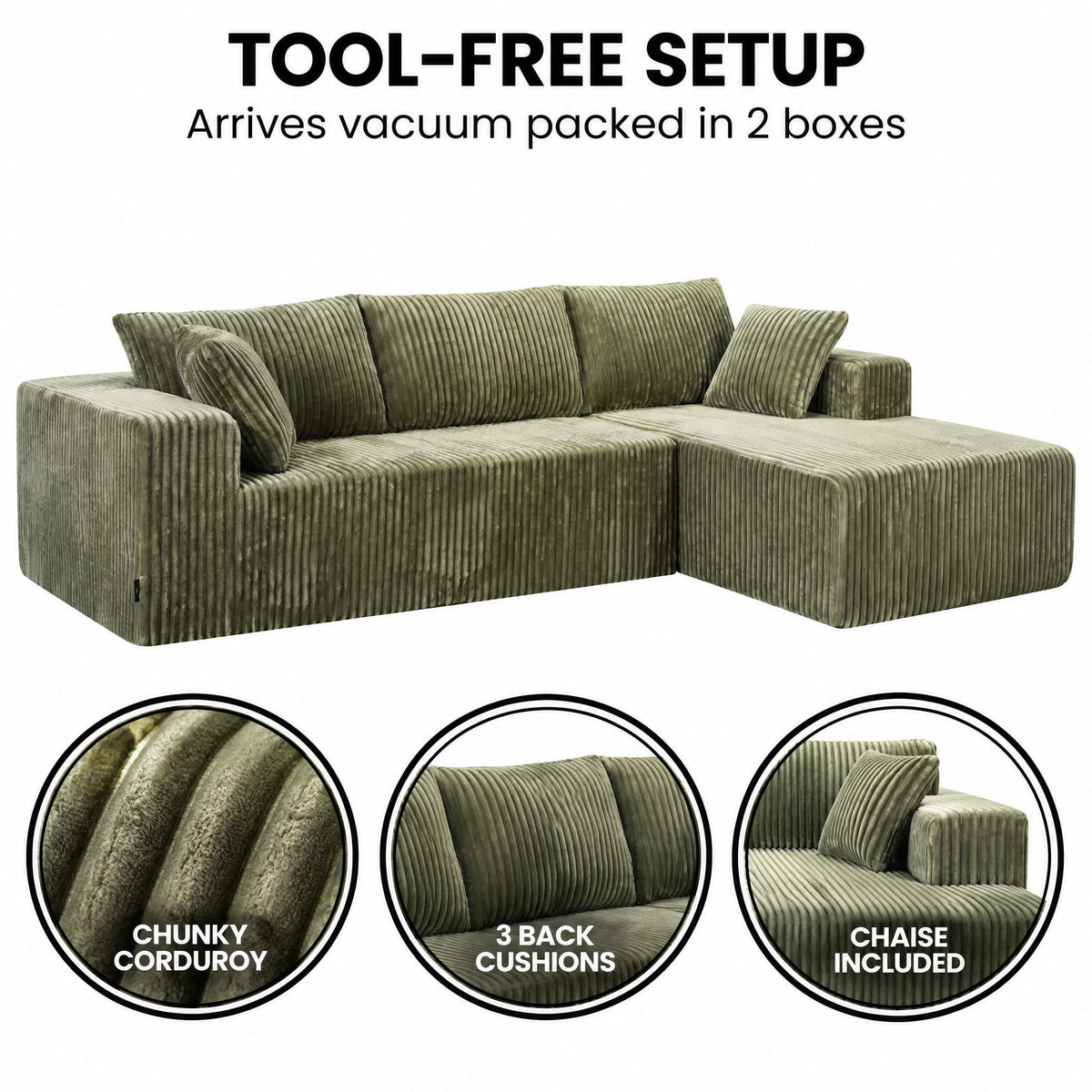 Corner Sofa Green Chaise 1x3cm