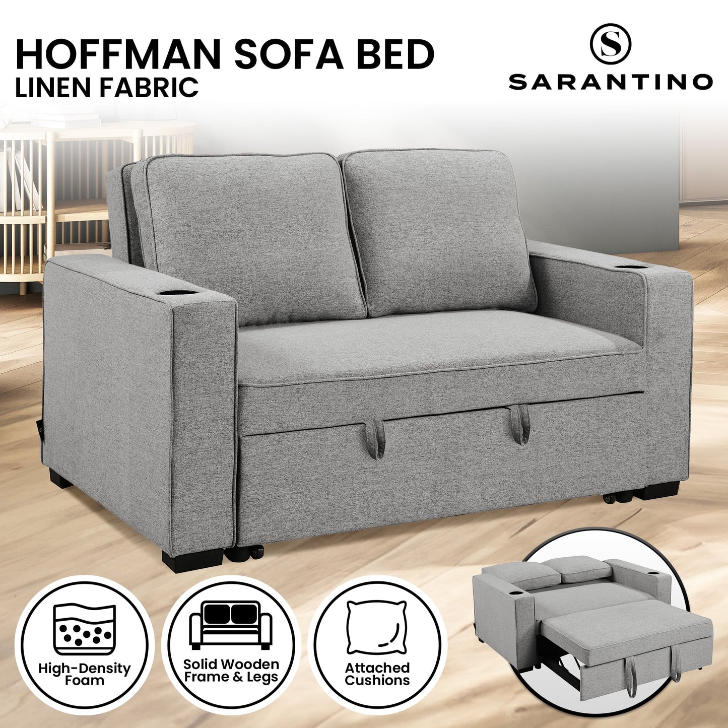 Linen Sofa Bed With Cup Holders 88x150x86cm