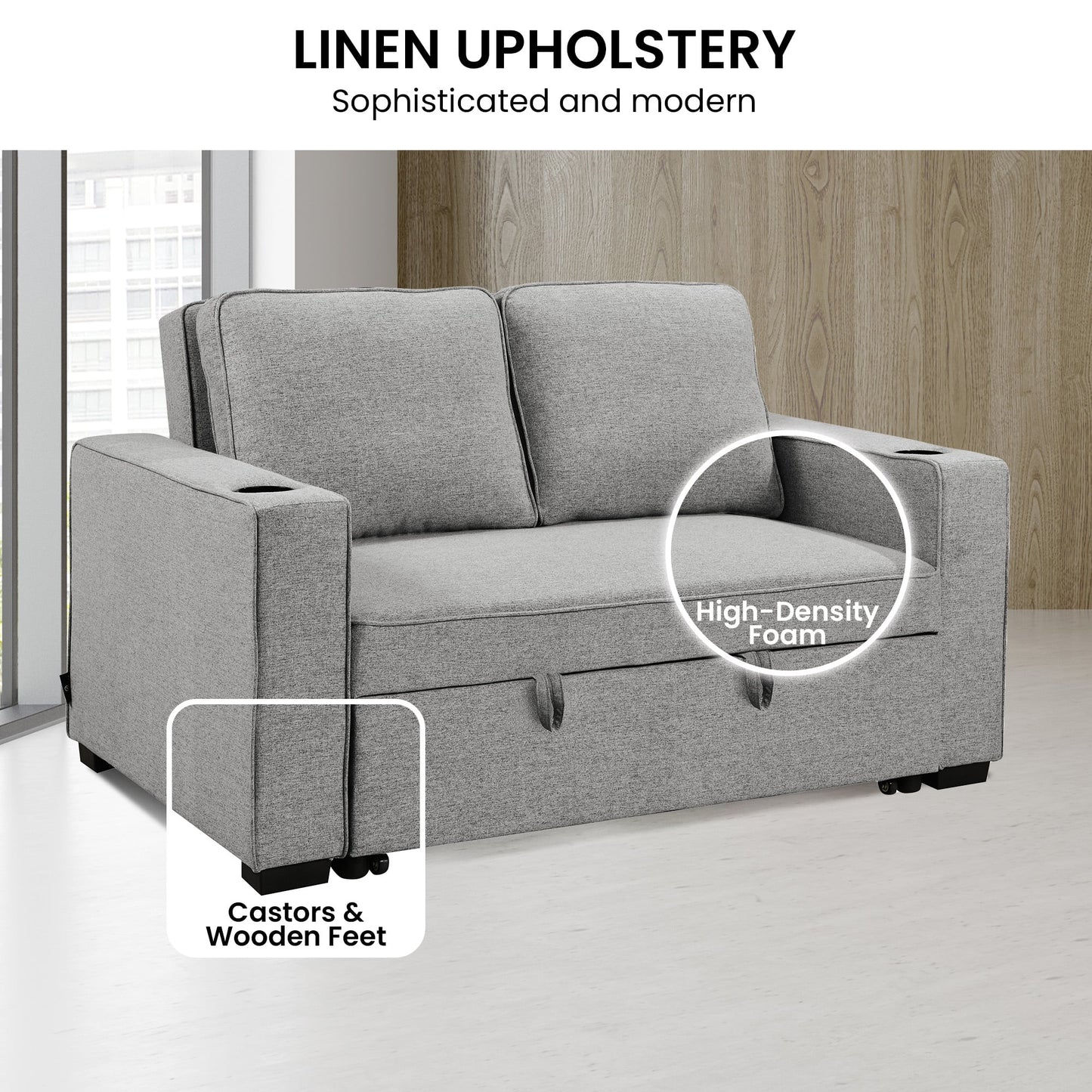 Linen Sofa Bed With Cup Holders 88x150x86cm
