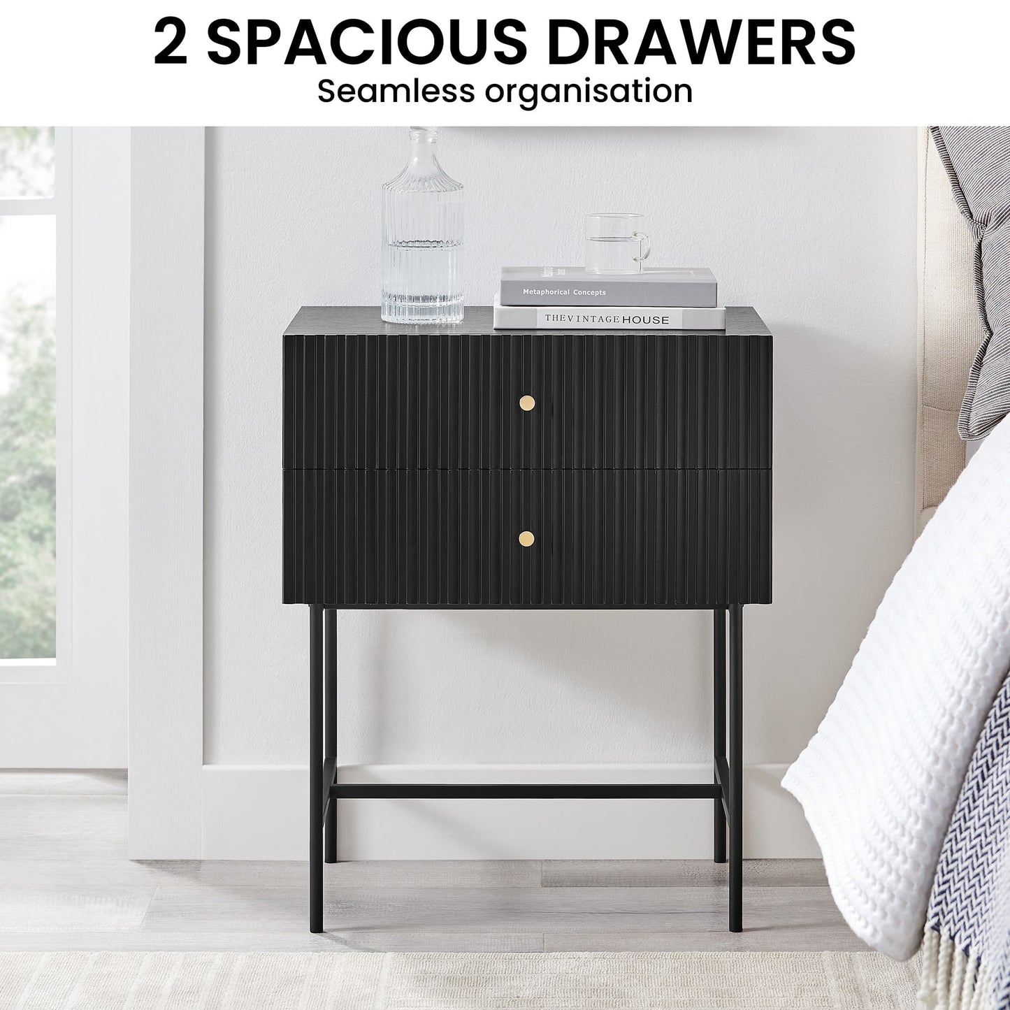 Black 2-Drawer Bedside Table 48x30x60cm
