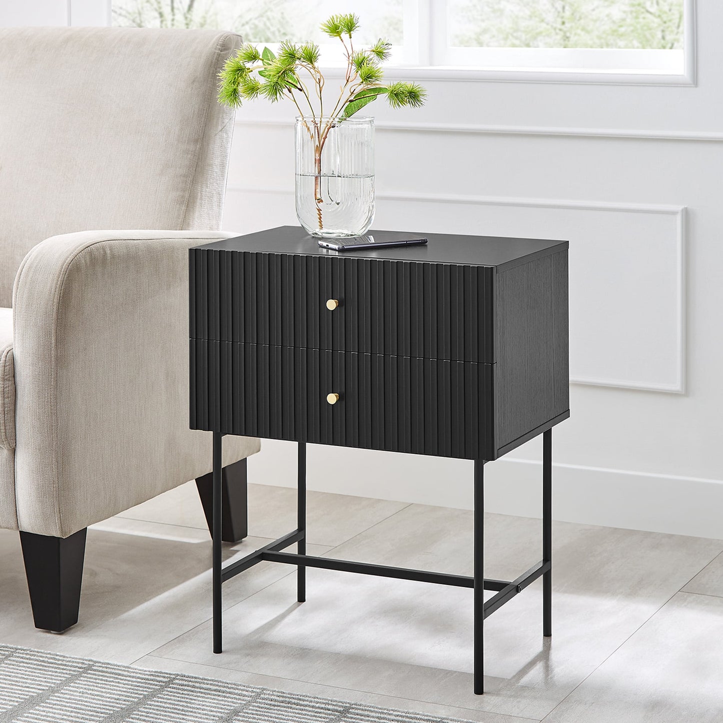 Black 2-Drawer Bedside Table 48x30x60cm
