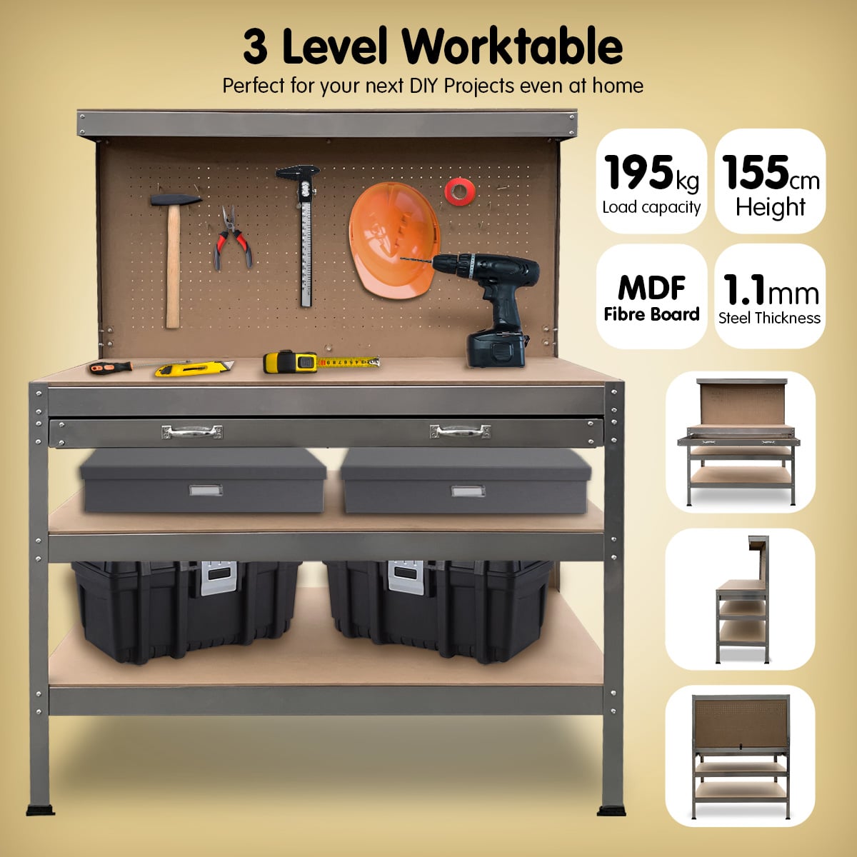 Work Bench Silver Storage Table 120x60x155cm