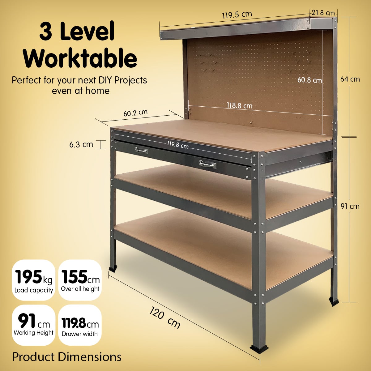 Work Bench Silver Storage Table 120x60x155cm