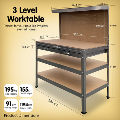 Work Bench Silver Storage Table 120x60x155cm