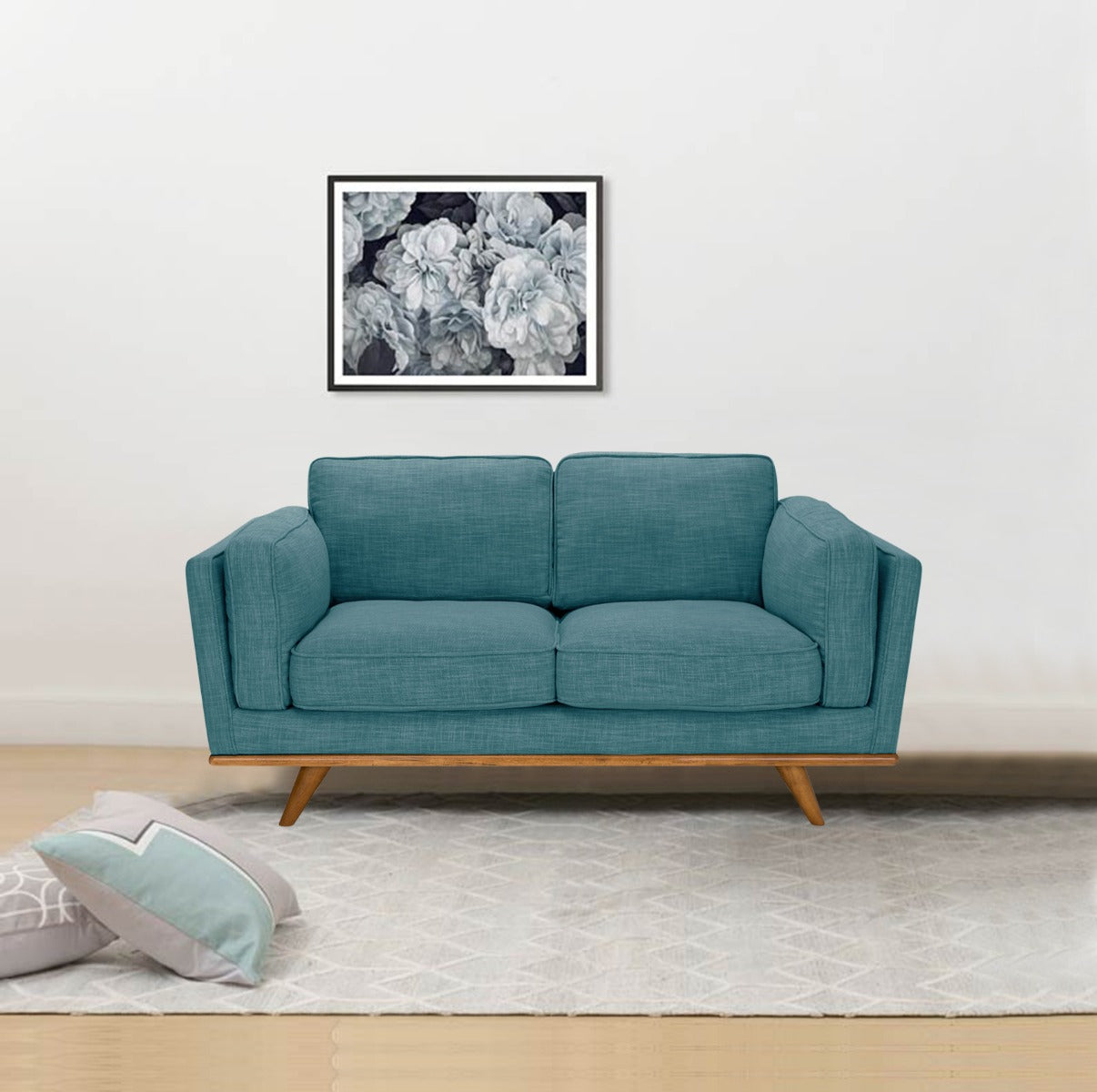 Teal Fabric 2-Seater Sofa With Wooden Frame