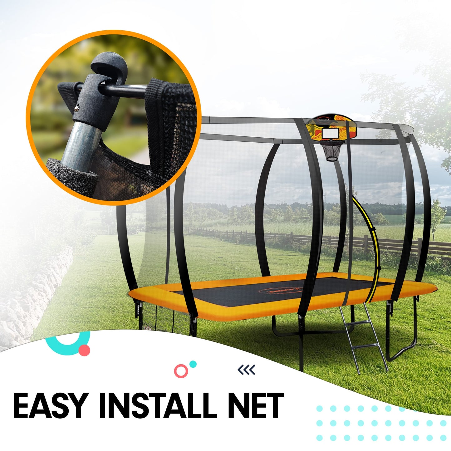 Outdoor Rectangular 6x9ft Trampoline with LED Basketball Set Rainbow