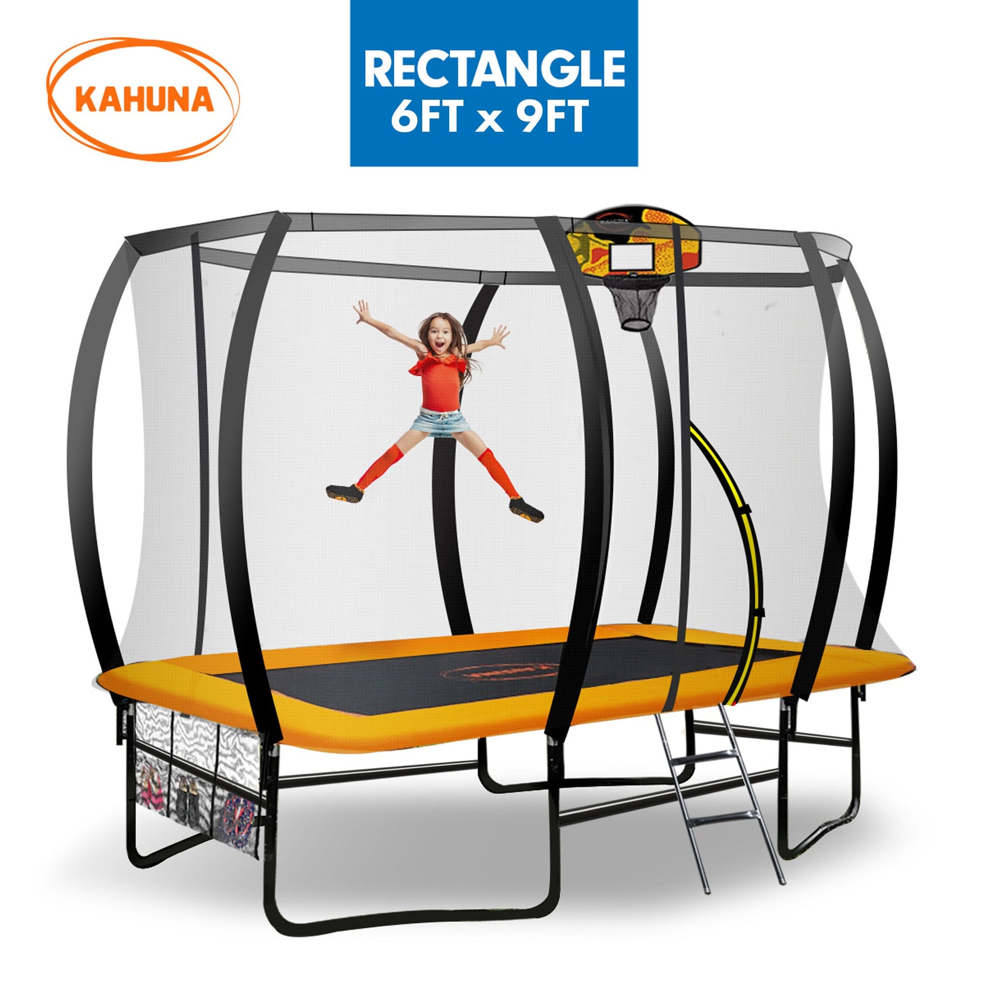 Outdoor 6ft x 9ft Rectangular Trampoline w/ LED Basketball Hoop Orange