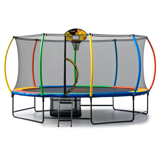 Outdoor 10x15ft Oval Trampoline w/ LED Basketball Hoop Reversible Pad