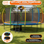 Outdoor 10x15ft Oval Trampoline w/ Basketball Set Rainbow Safety Pad