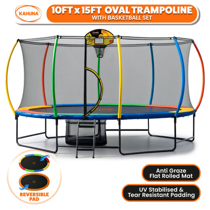 Outdoor 10x15ft Oval Trampoline w/ LED Basketball Hoop Reversible Pad