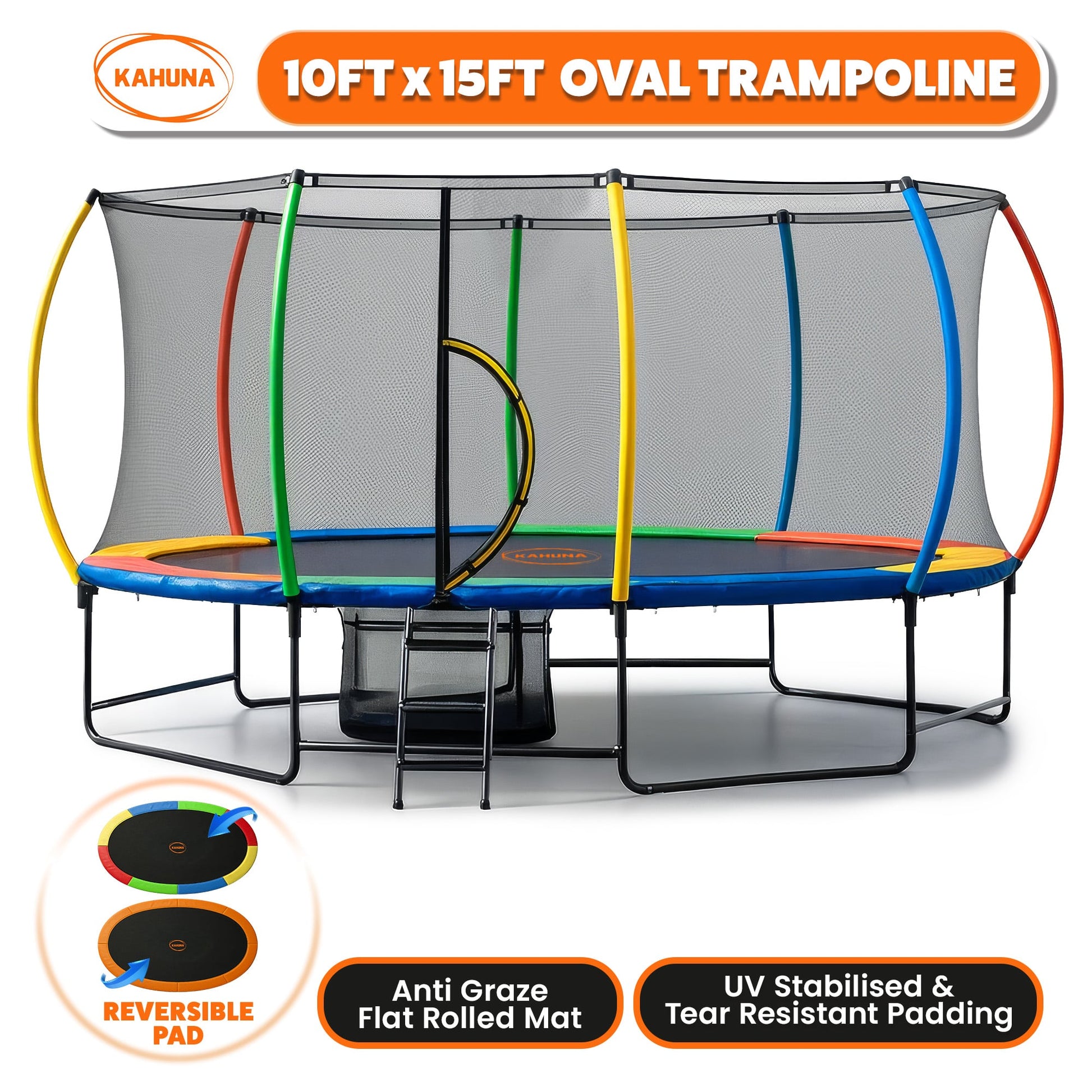 Outdoor 10ft x 15ft Oval Trampoline Reversible Rainbow Safety Pad