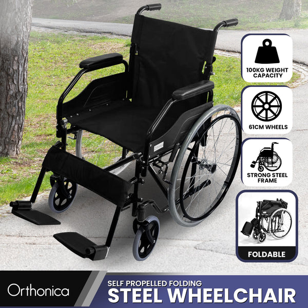  Black 24in Self-Propelled Foldable Steel Wheelchair for Mobility