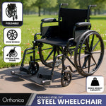 24in Foldable Wheelchair Black Heavy-Duty Steelframe Disability Mobility Aid